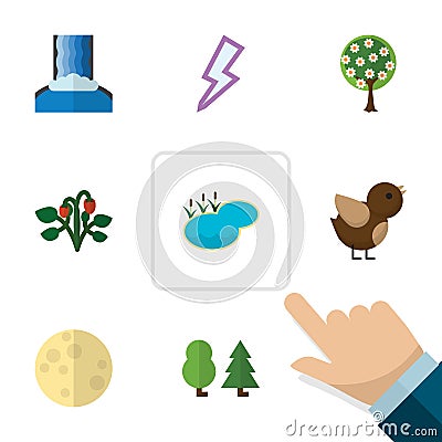 Flat Icon Natural Set Of Berry, Cascade, Lightning And Other Vector Objects. Also Includes Wood, Bird, Wing Elements. Vector Illustration