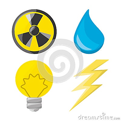 Flat icon releated with nuclear energy, drop water, bulb and ray Vector Illustration