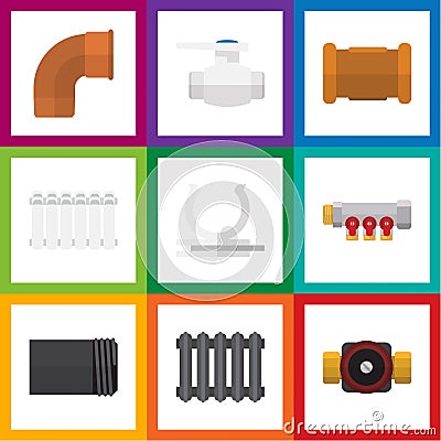 Flat Icon Sanitary Set Of Flange, Pipe, Pipework And Other Vector Objects. Also Includes Radiator, Thermostat, Pump Vector Illustration