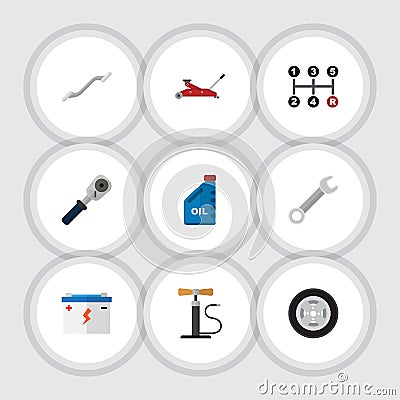 Flat Icon Service Set Of Tire, Wheel Pump, Accumulator And Other Vector Objects. Also Includes Joint, Oil, Car Elements. Vector Illustration