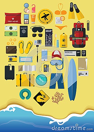 Flat Icon Set of Backpack Travel on Summer Holiday Vector Illustration