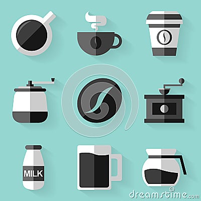 Flat icon set. Coffee. White style Vector Illustration