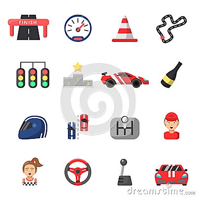 Flat icon set of formula 1 cars and racing symbols Vector Illustration