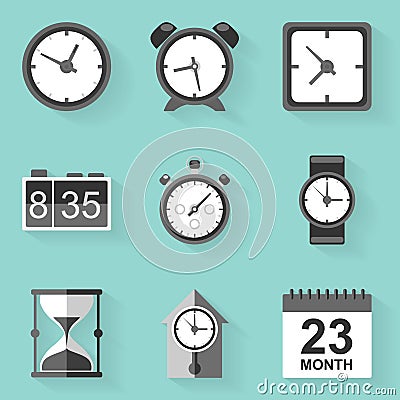 Flat icon set. Time. Clock. White style Vector Illustration