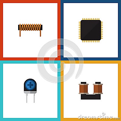 Flat Icon Technology Set Of Bobbin, Transducer, Cpu And Other Vector Objects. Also Includes Spool, Bobbin Vector Illustration