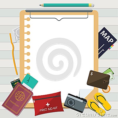 Flat Icon of Travel on Summer Vacation and Clipboard Vector Illustration