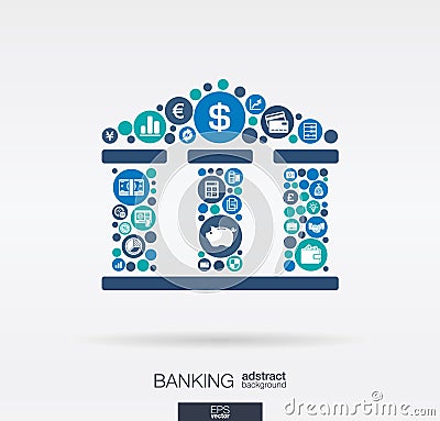 Flat icons in a bank building shape, banking, money, card, business and finance concept Vector Illustration