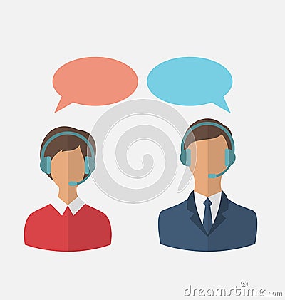 Flat icons of call center operators with man and woman wearing h Vector Illustration