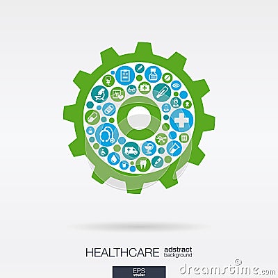 Flat icons in a cogwheel shape, medical, health, healthcare mechanism concepts. Vector Illustration