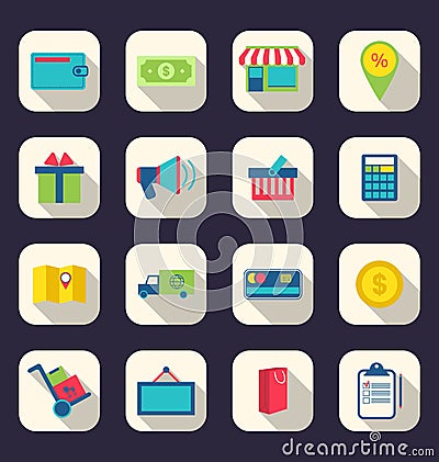 Flat icons of e-commerce shopping symbol, online shop elements a Vector Illustration