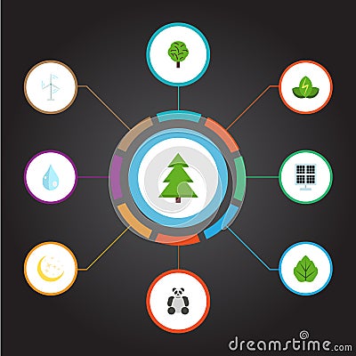 Flat Icons Foliage, Night, Tree And Other Vector Elements. Set Of Green Flat Icons Symbols Also Includes Nature, Night Vector Illustration