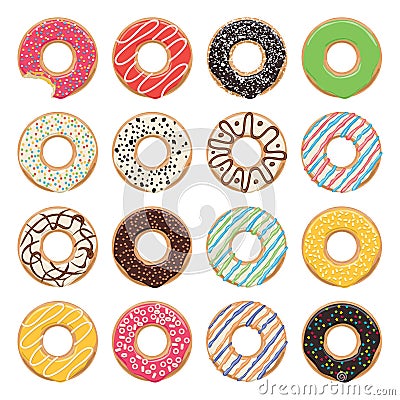 Flat icons of glazed colorful donuts, vector Vector Illustration