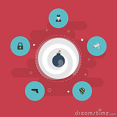 Flat Icons Gun, Explosive, Shield And Other Vector Elements. Set Of Procuring Flat Icons Symbols Also Includes Dynamite Vector Illustration