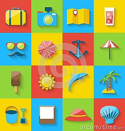 Flat icons of holiday journey, summer pictogram, sea leisure Vector Illustration