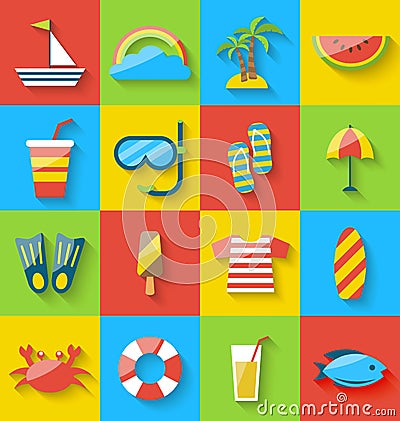 Flat icons of holiday journey, summer symbols, sea leisure Vector Illustration