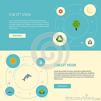 Flat Icons Landscape, Bear, Playful Fish Vector Elements. Set Of Environment Flat Icons Symbols Also Includes Flora Vector Illustration