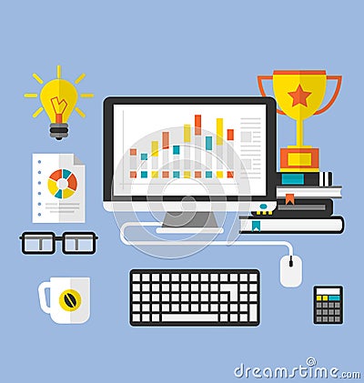 Flat Icons of Modern Designer Desktop Vector Illustration