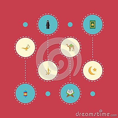 Flat Icons Prayer Carpet, Dromedary, Muslim Woman And Other Vector Elements. Set Of Religion Flat Icons Symbols Also Vector Illustration