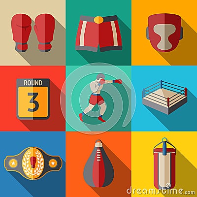 Flat icons set, boxing - gloves, shorts, helmet Vector Illustration
