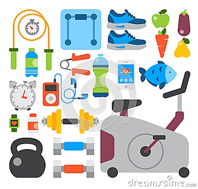 Flat icons set of fitness sport and healthy lifestyle exercise diet food supplements well-being body modern design style Vector Illustration