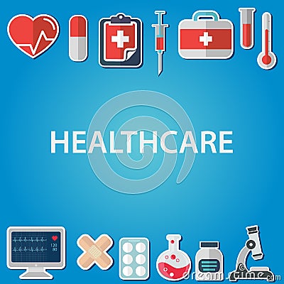 Flat icons set of medical tools and healthcare equipment, science research and health treatment service. Modern design style symbo Vector Illustration