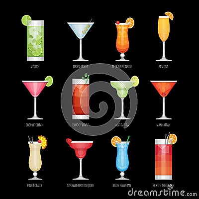 Flat icons set of popular alcohol cocktail on black background. Vector Illustration