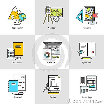 Flat icons, surveying, training, construction and engineering Vector Illustration