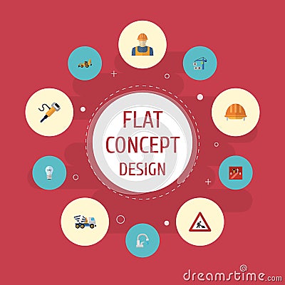 Flat Icons Toolkit, Worker, Hoisting Machine And Other Vector Elements. Set Of Construction Flat Icons Symbols Also Vector Illustration