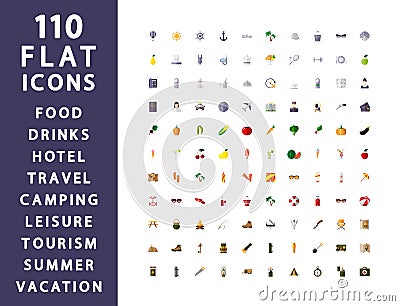 110 flat icons. Traveling, camping, hotel. Vector Illustration