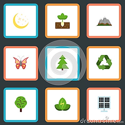 Flat Icons Wood, Landscape, Sprout Vector Elements. Set Of Nature Flat Icons Symbols Also Includes Wood, Plant, Panel Vector Illustration