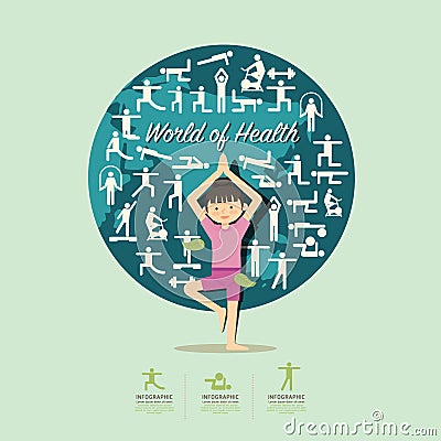 Flat Icons with yoga girl character design infographic,health. Vector Illustration