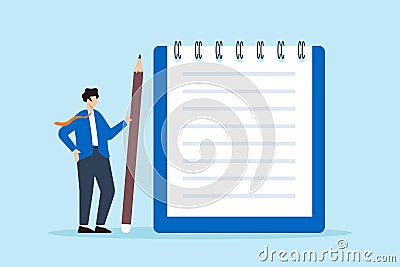 Flat illustration of businessman hold pencil write message on notebook paper documenting note information lecture record diary or Cartoon Illustration