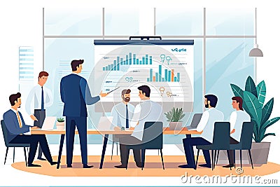 A corporate strategy session where professionals convene around a whiteboard adorned with charts Cartoon Illustration