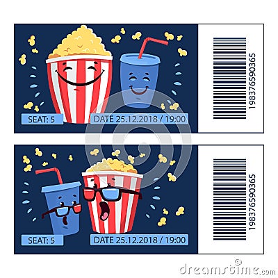 Flat illustration with cartoon movie popcorn and soda Vector Illustration