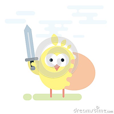 Flat illustration of chicken knight with sword and shield made from egg shell. Vector Illustration