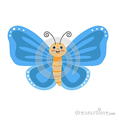 Flat illustration of a colorful cheerful butterfly with blue wings. Vector Illustration