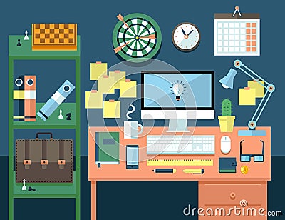 Flat illustration concept of office workspace. Vector Illustration