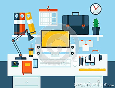 Flat illustration concept of office workspace. Cartoon Illustration