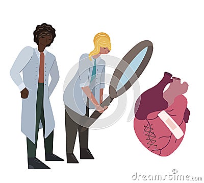 Flat illustration of a couple of international doctors studying the ill heart through magnifying glass. Scientists are studying Vector Illustration