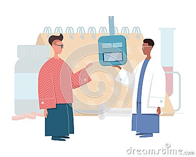 Diabetic patient and doctor holding glucometer Vector Illustration