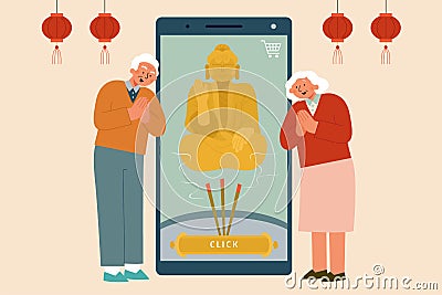 Buddha worshipping via phone app Vector Illustration