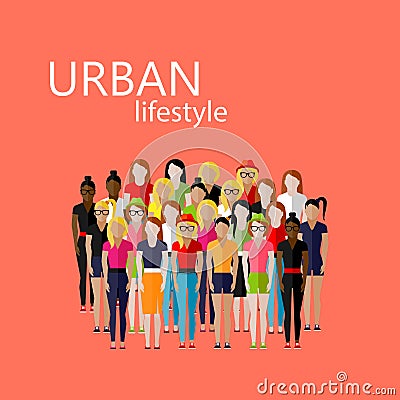 Flat illustration of female community with a large group of girls and women. Vector Illustration