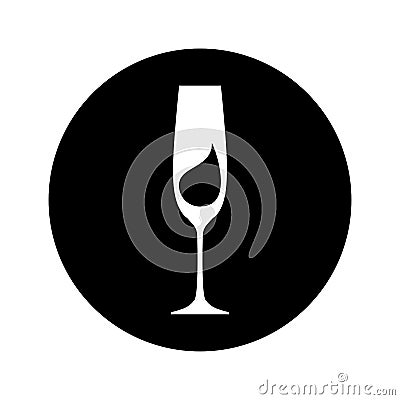 Flat illustration glass with silhouette drop champagne. Isolated object in black circle. Abstract image of alcoholic beverage on Vector Illustration