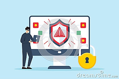 Flat illustration of hacker attempting breach while security system blocks access with red alert Cartoon Illustration