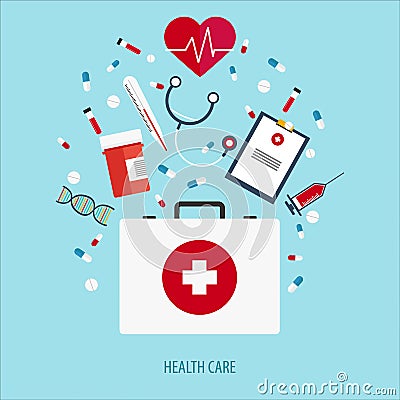 Flat illustration. Medical help. First aid. Online doctor. Heart care. Pharmacy, medicaments and vaccines. Healthcare. Cartoon Illustration