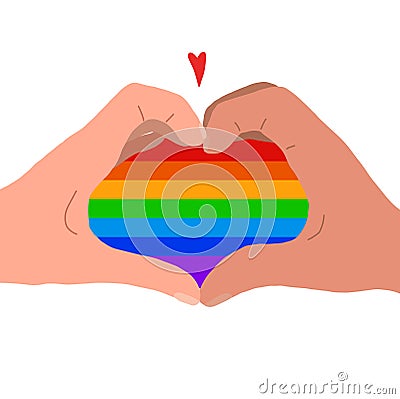 Flat illustration of a pair of human hands in rainbow heart. Greeting card love of same sex pair for valentines day. Pride Vector Illustration