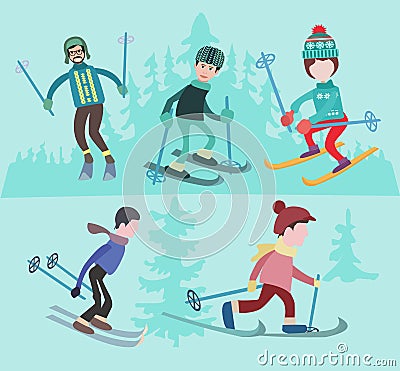 Flat illustration of people skiing. Vector Illustration