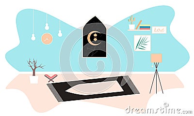 Flat illustration pray and worship in room at home for Ramadan concept on landing page. Home decor clock, pot, photo, lamp, window Vector Illustration