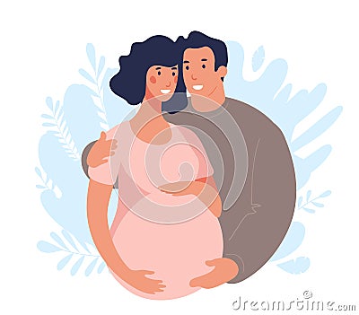 Flat illustration about pregnancy and partner birth. Young pregnant woman with husband. A man takes care and hugs his Vector Illustration