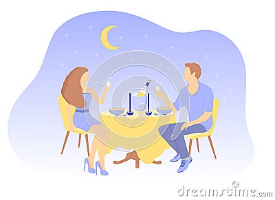 Flat illustration of romantic dinner. Couple of lovers sit at the table and clink glasses. Vector Illustration